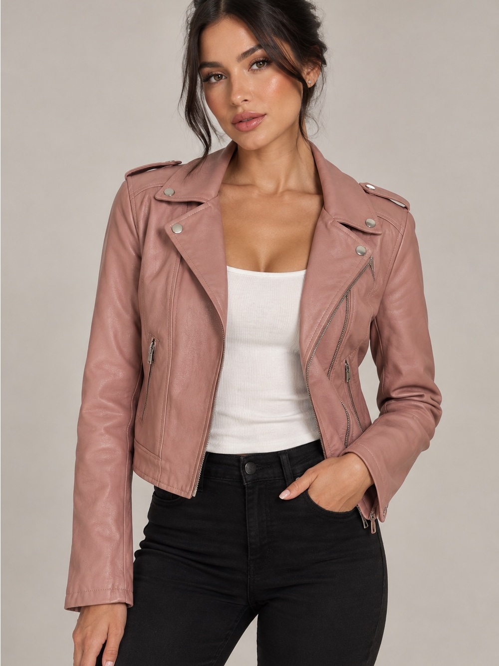Zenana Outfitters Dusty Rose Faux Leather Moto Jacket